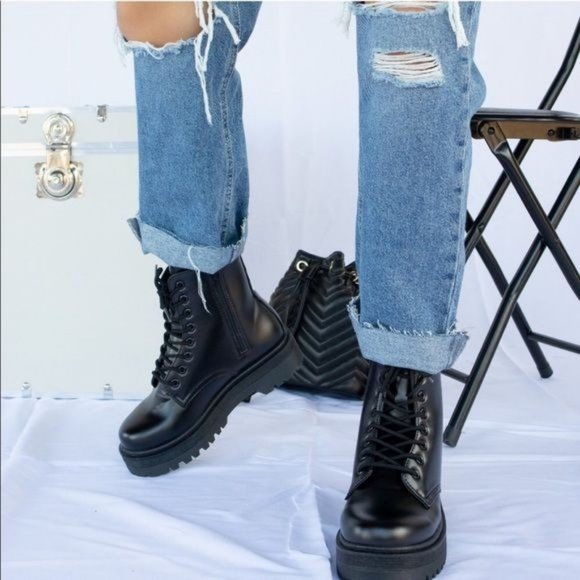 Black Vegan Leather Side Zip Combat Boots - Picture 3 of 8